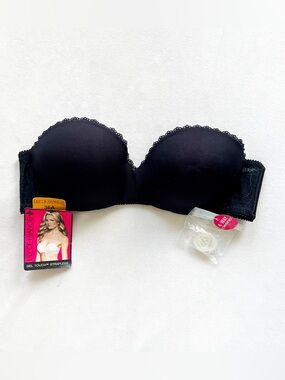 Lily of France Black Strapless Lace-Trim Gel Bra - Size 36A